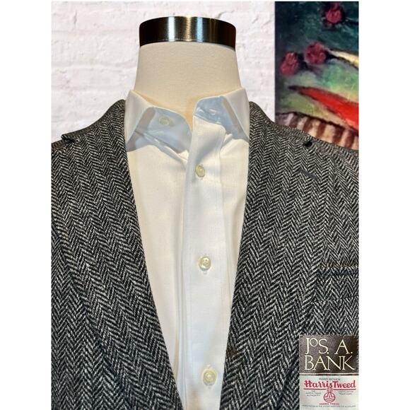 Harris Tweed Jos A Bank 40R Black Gray Herringbone Blazer Sport Coat Jacket - Picture 2 of 16